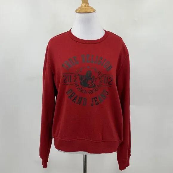 True Religion Sweatshirt Womens Medium Rich Red Fleece Long Sleeve Crew Neck - Picture 2 of 13